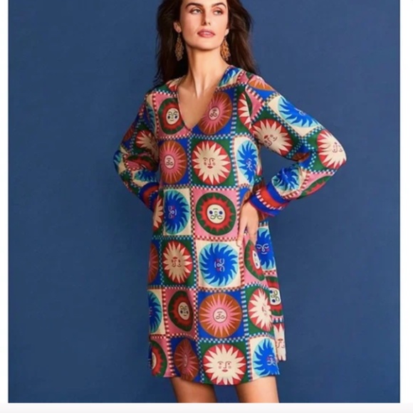 Johnny Was Workshop Leonora Silk Sun Print Tile Swing Mini Dress - Picture 2 of 8